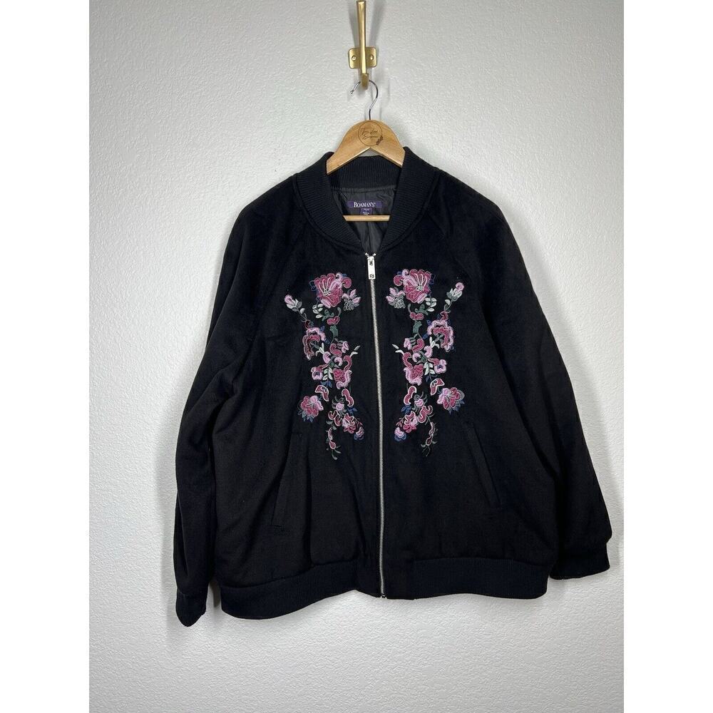 Roamans Womens Floral Embroidered Bomber Jacket 18/20 Black Full Zip